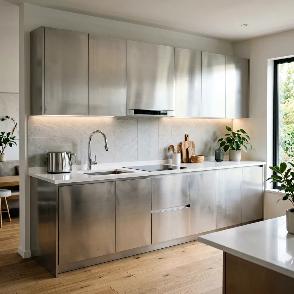Modern aluminum kitchen cabinets in contemporary home setting with white countertop