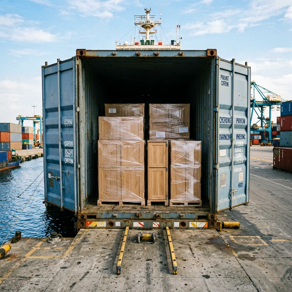 Container ship loading with packed kitchen cabinets at Chinese port