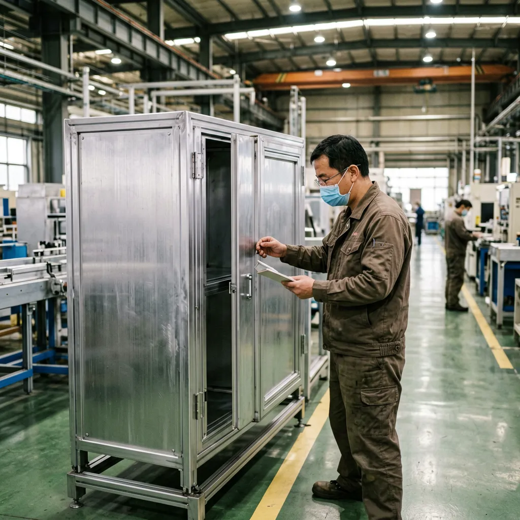 Factory worker inspecting aluminum cabinet doors at manufacturing facility in China