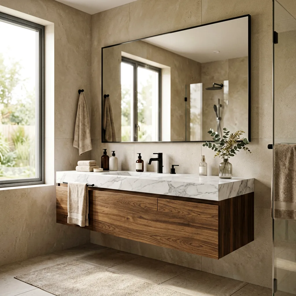 Elegant modern bathroom interior design 2026, floating vanit